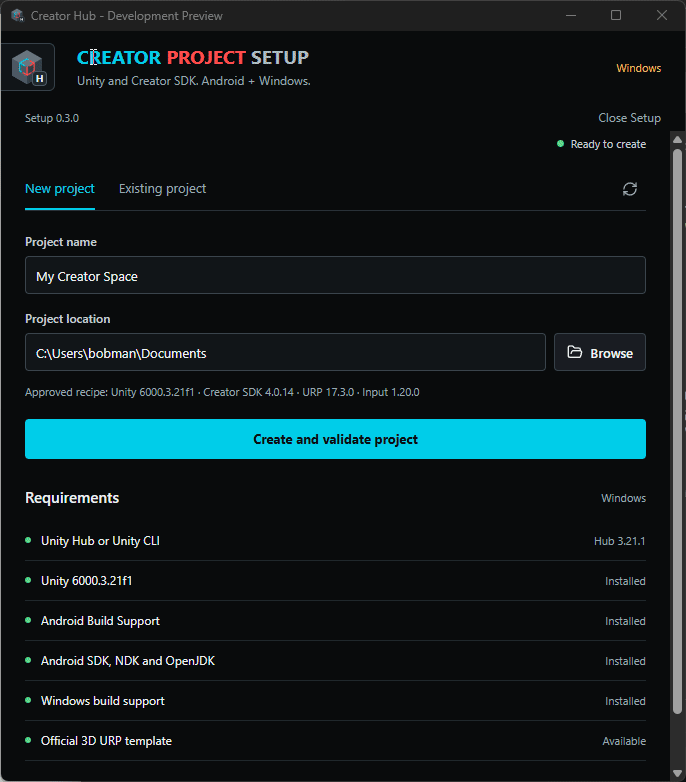 Animated Creator Hub Project Setup screen, showing project creation and requirements.